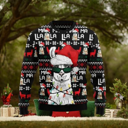 Llama Wears Santa Hat Christmas Light Ugly Sweater
