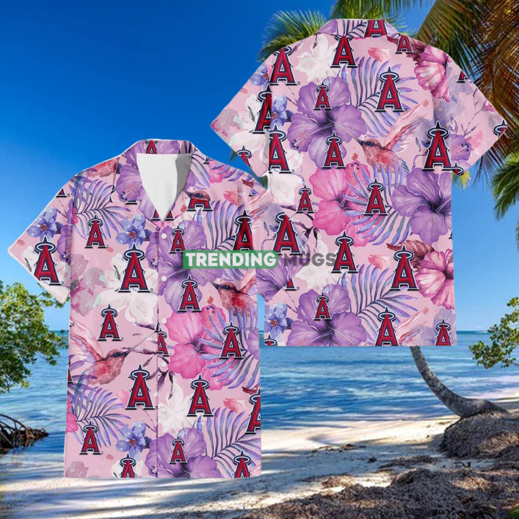 Los Angeles Angels White Purple Hibiscus Pink Hummingbird Pink Background 3D Hawaiian Shirt Los Angeles Angels White Purple Hibiscus Pink Hummingbird Pink Background 3D Hawaiian Shirt