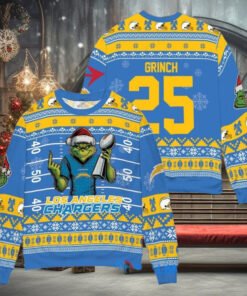 Los Angeles Chargers x Grinch Christmas Dr. Seuss How the Grinch Stole Christmas with Super Bowl Trophy Custom Ugly Christmas Sweater