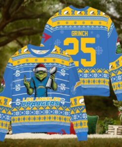 Los Angeles Chargers x Grinch Christmas Dr. Seuss How the Grinch Stole Christmas with Super Bowl Trophy Custom Ugly Christmas Sweater