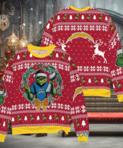 Los Angeles Chargers x Grinch NFL Dr. Seuss How the Grinch Stole Christmas with Super Bowl Trophy Ugly Christmas Sweater Red