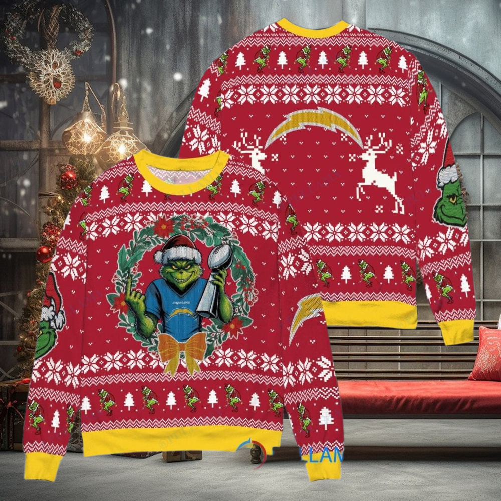 Los Angeles Chargers x Grinch NFL Dr. Seuss How the Grinch Stole Christmas with Super Bowl Trophy Ugly Christmas Sweater Red Los Angeles Chargers x Grinch NFL Dr. Seuss How the Grinch Stole Christmas with Super Bowl Trophy Ugly Christmas Sweater Red