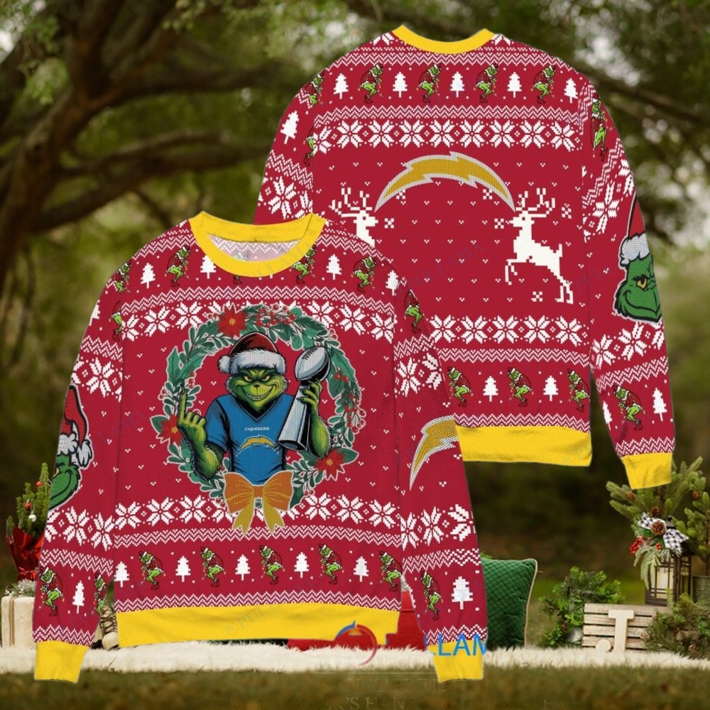 Los Angeles Chargers x Grinch NFL Dr. Seuss How the Grinch Stole Christmas with Super Bowl Trophy Ugly Christmas Sweater Red Los Angeles Chargers x Grinch NFL Dr. Seuss How the Grinch Stole Christmas with Super Bowl Trophy Ugly Christmas Sweater Red