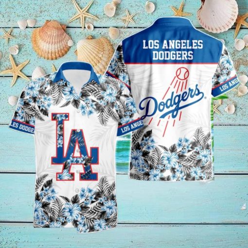 Los Angeles Dodgers Hibiscus Plumeria Flower 3D Printed Hawaiian Shirt