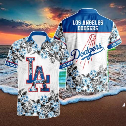 Los Angeles Dodgers Hibiscus Plumeria Flower 3D Printed Hawaiian Shirt