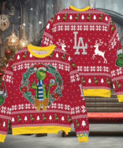 Los Angeles Dodgers x Grinch Dr. Seuss How the Grinch Stole Christmas MLB with World Series Trophy Ugly Christmas Sweater Red