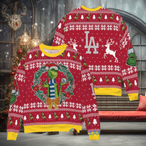 Los Angeles Dodgers x Grinch Dr. Seuss How the Grinch Stole Christmas MLB with World Series Trophy Ugly Christmas Sweater Red
