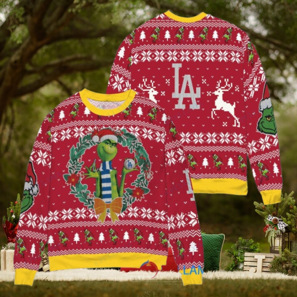 Los Angeles Dodgers x Grinch Dr. Seuss How the Grinch Stole Christmas MLB with World Series Trophy Ugly Christmas Sweater Red Los Angeles Dodgers x Grinch Dr. Seuss How the Grinch Stole Christmas MLB with World Series Trophy Ugly Christmas Sweater Red