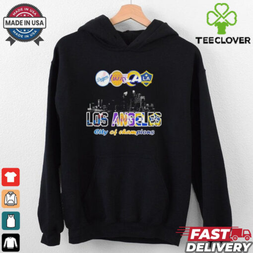 Los Angeles Dodgers x Los Angeles Lakers x Los Angeles Rams x Los Angeles Galaxy City Skyline Los Angeles City Of Champions T Shirts
