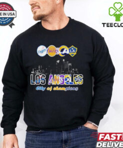 Los Angeles Dodgers x Los Angeles Lakers x Los Angeles Rams x Los Angeles Galaxy City Skyline Los Angeles City Of Champions T Shirts