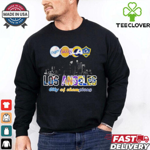 Los Angeles Dodgers x Los Angeles Lakers x Los Angeles Rams x Los Angeles Galaxy City Skyline Los Angeles City Of Champions T Shirts