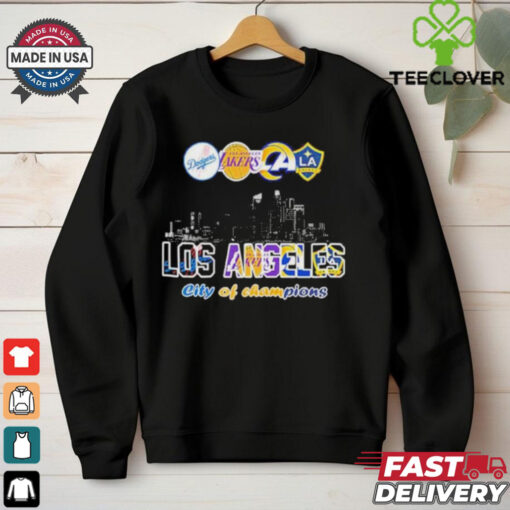 Los Angeles Dodgers x Los Angeles Lakers x Los Angeles Rams x Los Angeles Galaxy City Skyline Los Angeles City Of Champions T Shirts