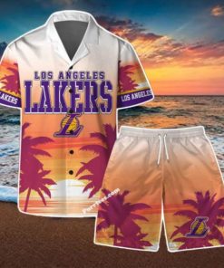 Los Angeles Lakers Team Logo Pattern Sunset Tropical Hawaiian Shirt & Short