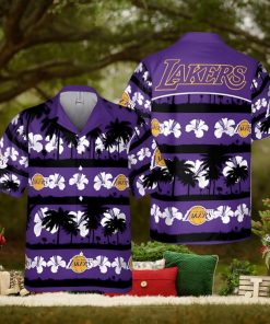 Los Angeles Lakers White Hibiscus Flower On Purple Background Print Hawaiian Shirt