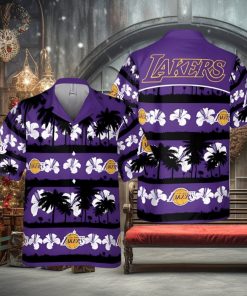 Los Angeles Lakers White Hibiscus Flower On Purple Background Print Hawaiian Shirt