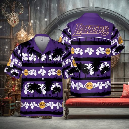 Los Angeles Lakers White Hibiscus Flower On Purple Background Print Hawaiian Shirt