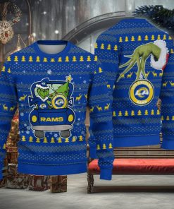 Los Angeles Rams And Grinch Driving With Pine Trees Knitted Christmas 3D Sweater Gift For Fans