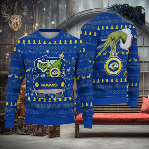 Los Angeles Rams And Grinch Driving With Pine Trees Knitted Christmas 3D Sweater Gift For Fans