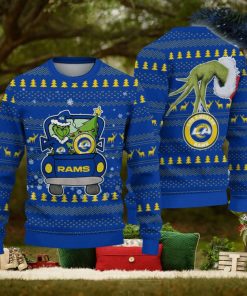 Los Angeles Rams And Grinch Driving With Pine Trees Knitted Christmas 3D Sweater Gift For Fans