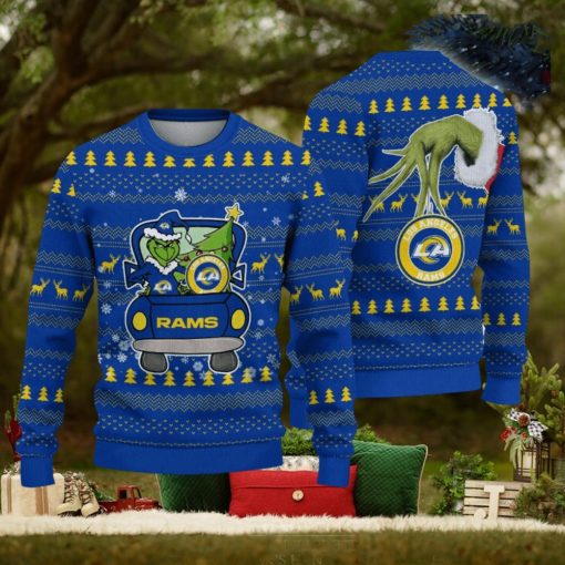 Los Angeles Rams And Grinch Driving With Pine Trees Knitted Christmas 3D Sweater Gift For Fans