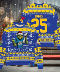 Los Angeles Rams x Grinch Christmas Dr. Seuss How the Grinch Stole Christmas with Super Bowl Trophy Custom Ugly Christmas Sweater