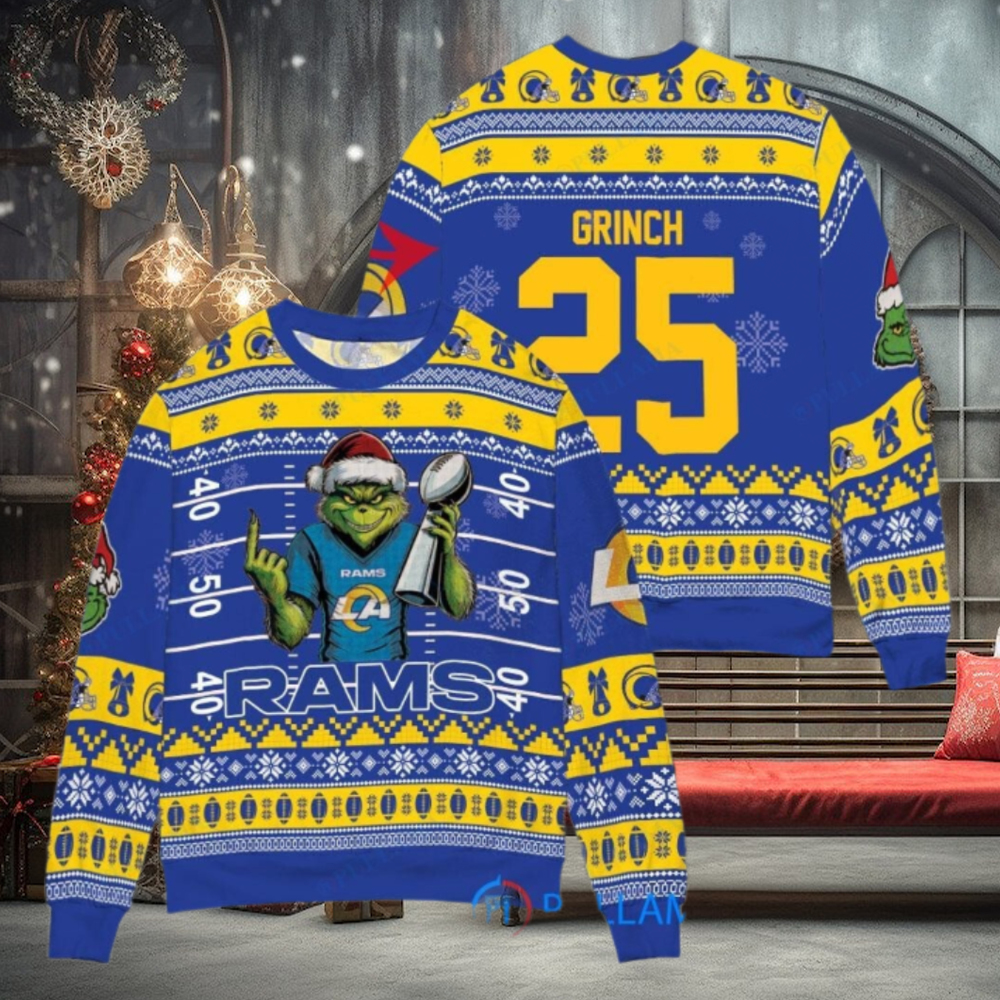 Los Angeles Rams x Grinch Christmas Dr. Seuss How the Grinch Stole Christmas with Super Bowl Trophy Custom Ugly Christmas Sweater Los Angeles Rams x Grinch Christmas Dr. Seuss How the Grinch Stole Christmas with Super Bowl Trophy Custom Ugly Christmas Sweater