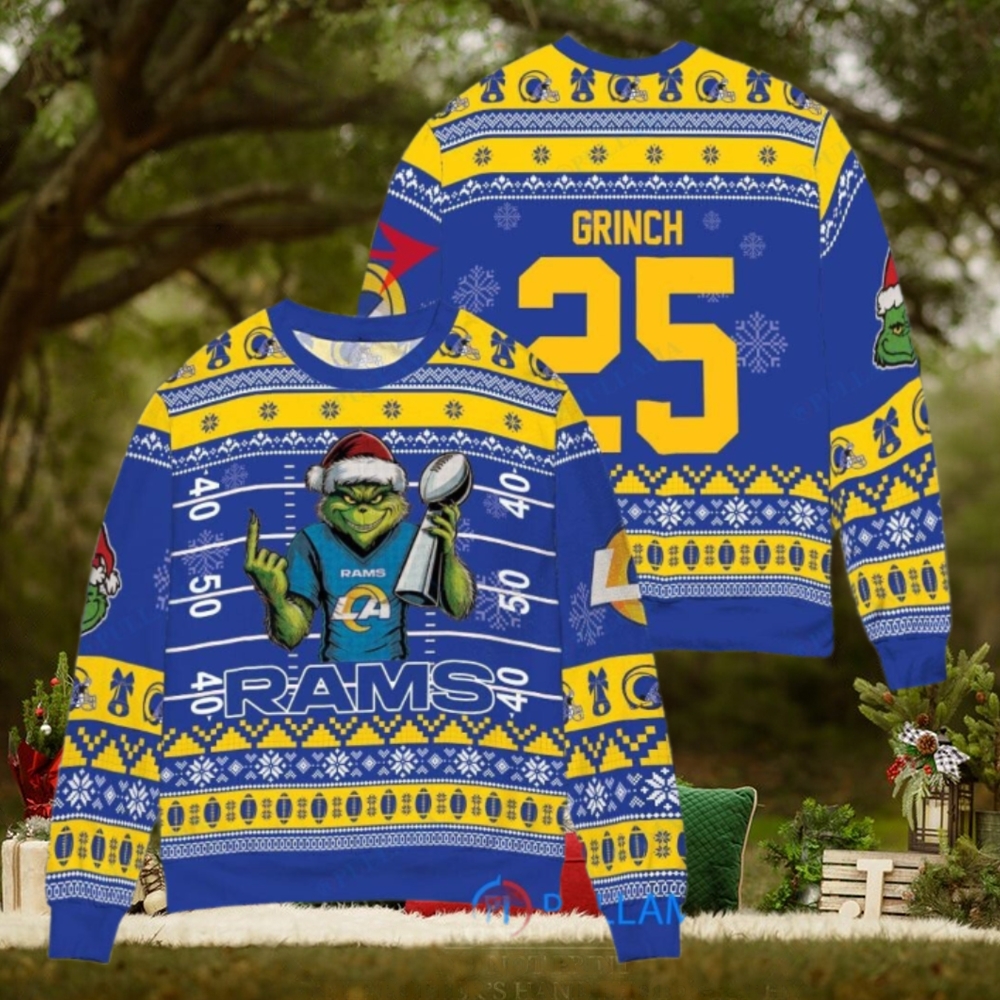 Los Angeles Rams x Grinch Christmas Dr. Seuss How the Grinch Stole Christmas with Super Bowl Trophy Custom Ugly Christmas Sweater Los Angeles Rams x Grinch Christmas Dr. Seuss How the Grinch Stole Christmas with Super Bowl Trophy Custom Ugly Christmas Sweater