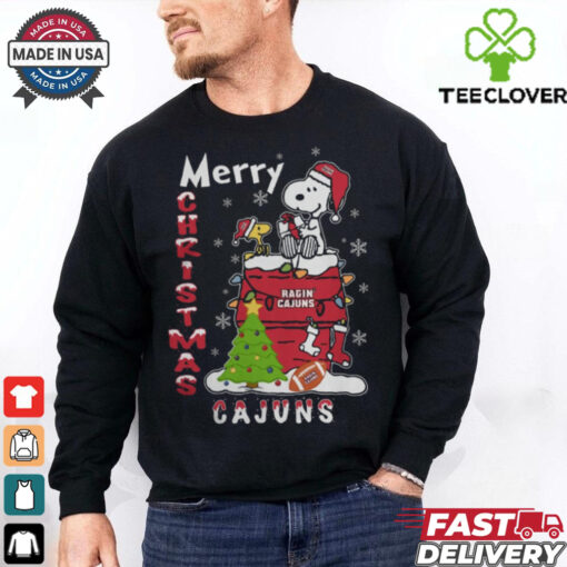 Louisiana Ragin’ Cajuns Snoopy And Woodstock Merry Christmas Shirt