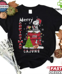 Louisiana Ragin’ Cajuns Snoopy And Woodstock Merry Christmas Shirt
