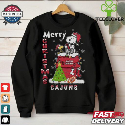 Louisiana Ragin’ Cajuns Snoopy And Woodstock Merry Christmas Shirt