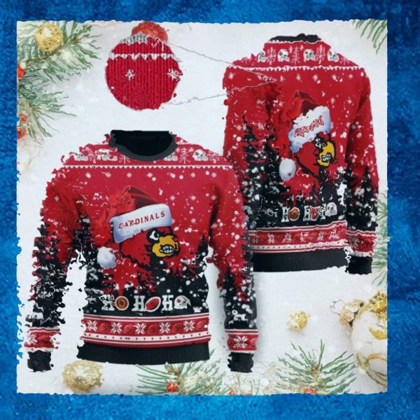 Louisville Cardinals NCAA Symbol Wearing Santa Claus Hat Cute Pattern Ho Ho Ho Custom Personalized Ugly Christmas Sweater Wool