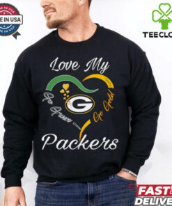 Love My Green Bay Packers Go Green Go Gold Shirt with a vibrant design celebrating the Packers, incorporating the team’s iconic colors and a message of pride, perfect for fans showing their love for Green Bay.