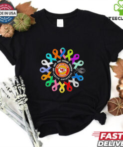 Love, Hope, Cure, Courage, Strength Cancer Awareness Kansas City Chiefs Shirt, featuring a powerful design that combines the Kansas City Chiefs logo with cancer awareness symbols. Perfect for fans supporting cancer awareness and showing strength, courage, and hope while representing the Chiefs.