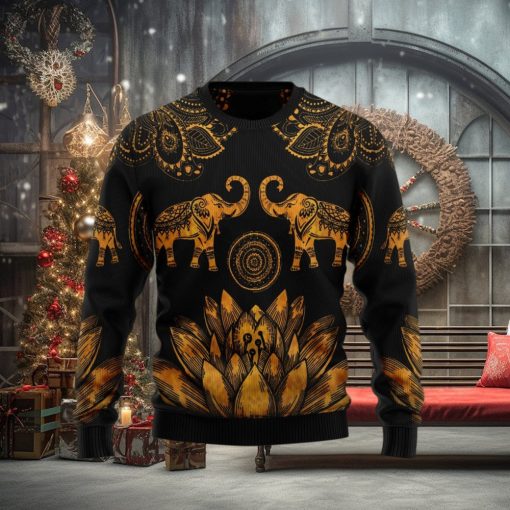 Lovely Gold Elephant Black Ugly Christmas Sweater
