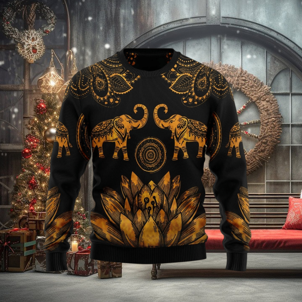 Lovely Gold Elephant Black Ugly Christmas Sweater Lovely Gold Elephant Black Ugly Christmas Sweater