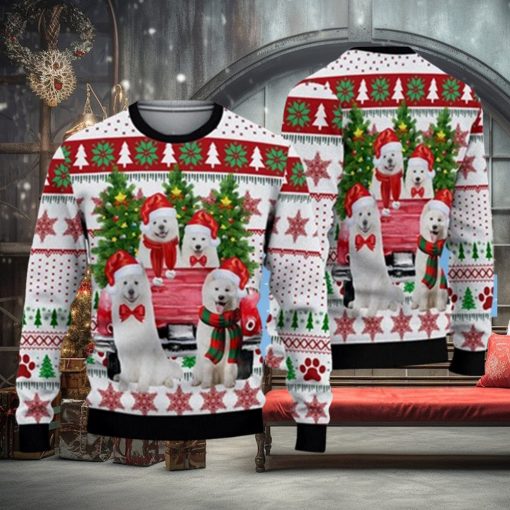 Lovely Samoyed Red Truck And Christmas Tree Ugly Sweater