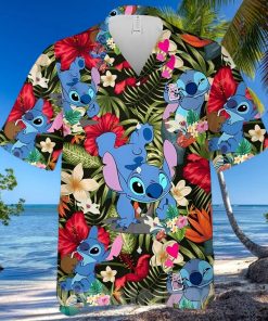 Lovely Stitch Disney Cartoon Graphics Red Hibiscus All Over Print Hawaiian Shirtt