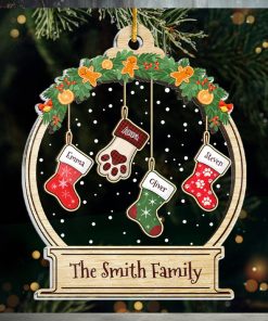 Lovely Stockings Hanging   Family Personalized Custom Ornament   Acrylic Snow Globe Shaped   Christmas Gift For Family Members