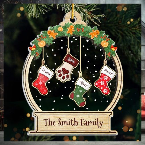 Lovely Stockings Hanging   Family Personalized Custom Ornament   Acrylic Snow Globe Shaped   Christmas Gift For Family Members