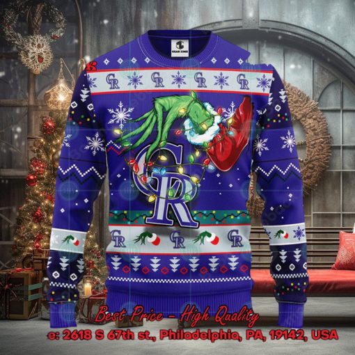 MLB Colorado Rockies Grinch Hand Christmas Light Ugly Christmas Sweater