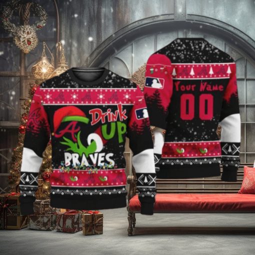 MLB Grinch Drink Up Atlanta Braves Customs Knitting Pattern Ugly Christmas Holiday Sweater