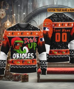 MLB Grinch Drink Up Baltimore Orioles Custom Name And Number Ugly Christmas Sweater Christmas Gift