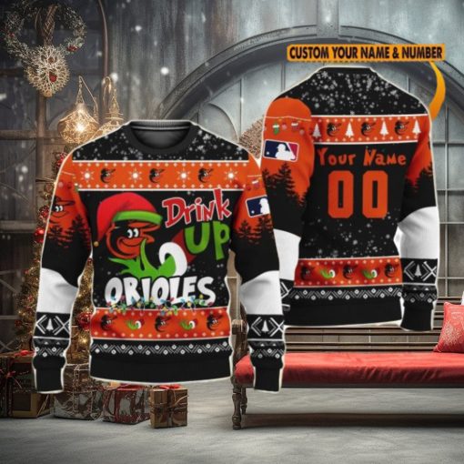 MLB Grinch Drink Up Baltimore Orioles Custom Name And Number Ugly Christmas Sweater Christmas Gift