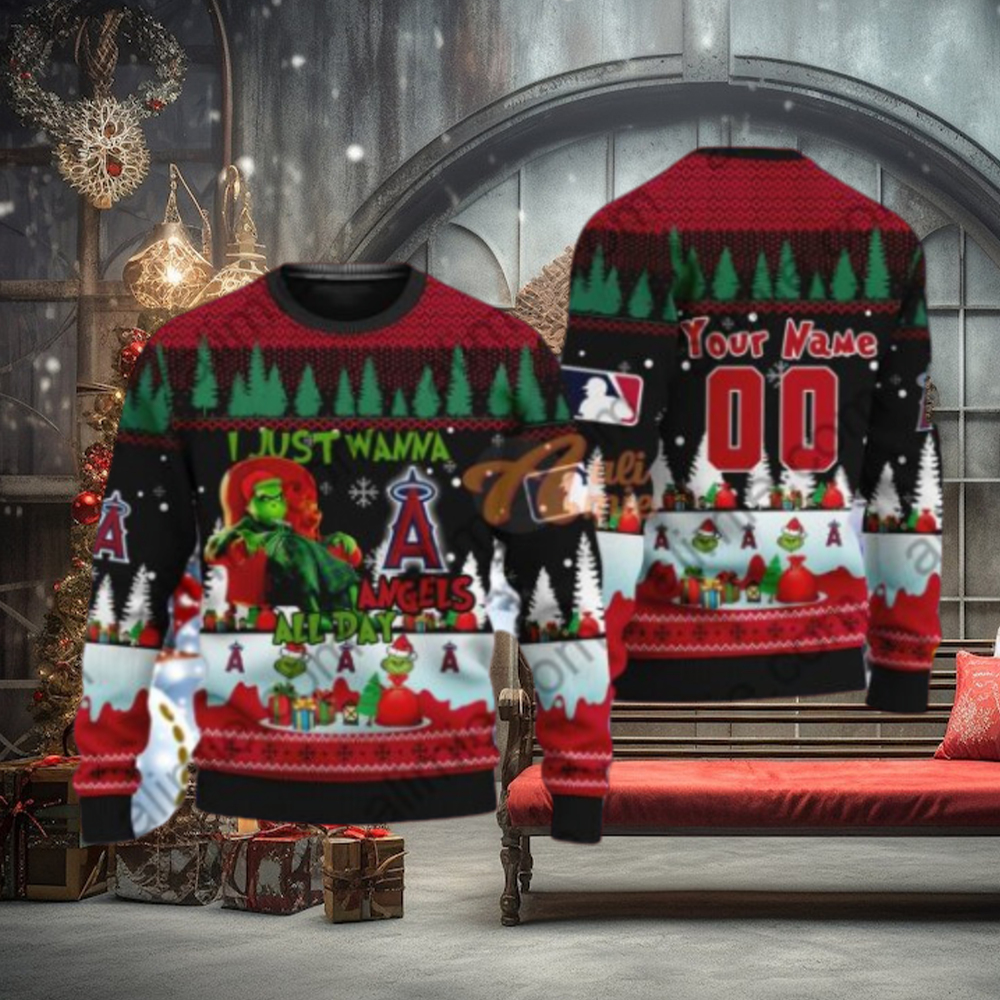 MLB I Just Wanna Los Angeles Angels All Day Grinch Ugly Christmas Holiday Sweater MLB I Just Wanna Los Angeles Angels All Day Grinch Ugly Christmas Holiday Sweater