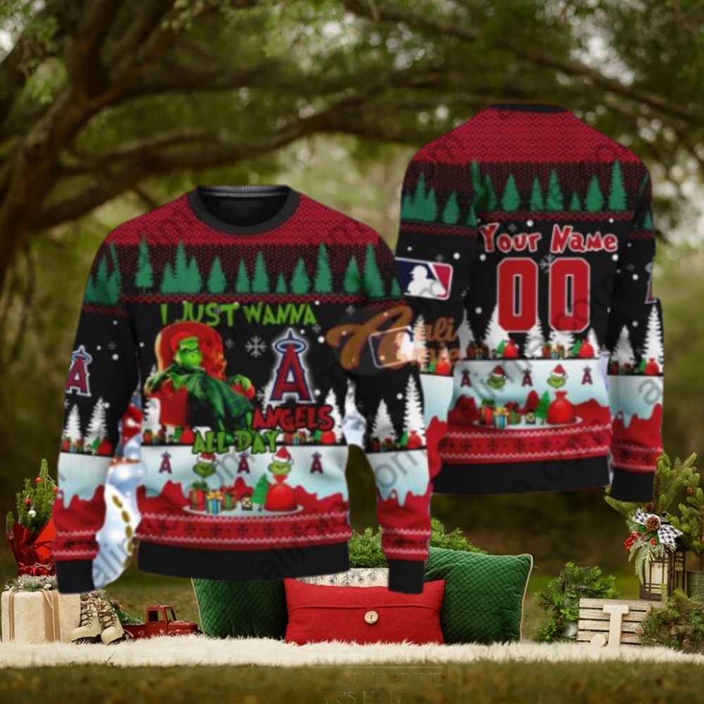 MLB I Just Wanna Los Angeles Angels All Day Grinch Ugly Christmas Holiday Sweater MLB I Just Wanna Los Angeles Angels All Day Grinch Ugly Christmas Holiday Sweater