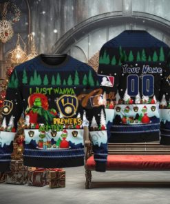 MLB I Just Wanna Milwaukee Brewers All Day Grinch Ugly Christmas Holiday Sweater