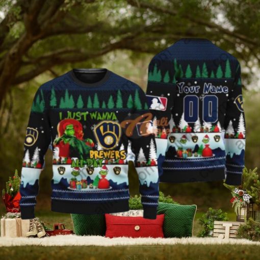 MLB I Just Wanna Milwaukee Brewers All Day Grinch Ugly Christmas Holiday Sweater