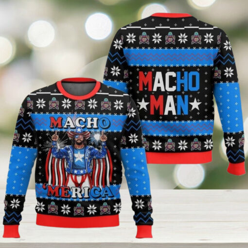 Macho Merica Ugly Christmas Sweater, Macho Man Randy Savage Sweatshirt, Funny WWF All Over Print Sweater, Vintage Xmas Gift