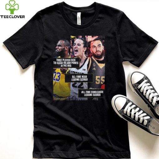 March Of 2024 Is Iconic For The World Of Basketball With Caitlin Clark Lebron James And Mike James Unisex T Shirt