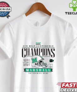 Marshall Thundering Herd Football 2024 Sun Belt Conference East Regular Season Champions Graphic T-shirt with a bold, celebratory design honoring the team's victory.